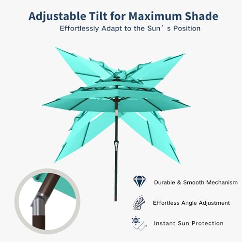 10FT Patio Umbrella 3 Tiers Outdoor Market Umbrella w/Push Button Tilt, Crank, UV and Waterproof Table Umbrella for Garden, Pool, Backyard, Deck, Lawn, Turquoise Blue - color: Turquoise Blue