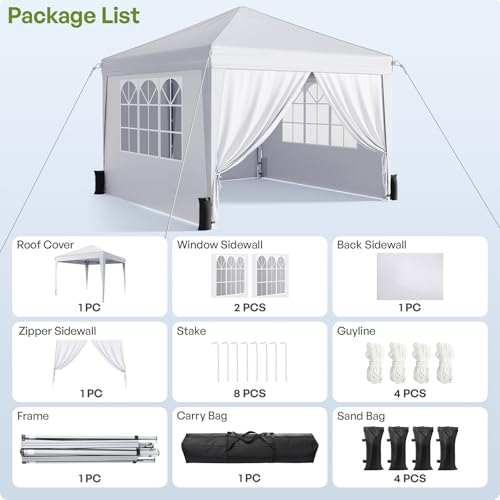10x10 Pop Up Canopy with Sidewalls, Instant Portable Canopy Tent with Carry Bag for Commercial Events, Camping, Parties - White - color: White