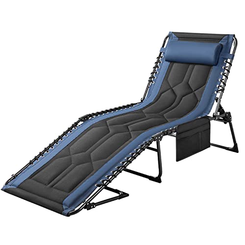 Flamaker Folding Chaise Lounge Outdoor Portable Lounge Chairs 4-Position Adjustable Camping Lounge Chair with Pillow & Side Bag Lightweight Recliner Sunbathing Chair for Pool Beach Deck (Blue) - color: Blue