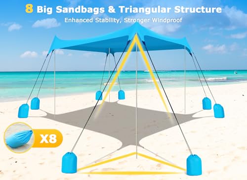Gorich Beach Tent Sun Shelter with 8 Sandbags, UPF50+ Protection & Windproof Pop Up Beach Canopy Tent Sun Shade for Family, Travel & Camping, Easy Setup Canopy Umbrella - color: Skyblue, size: 7 x 7 FT