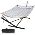 Large Hammock with 12FT Steel Stand, Freestanding Hammock with Curved Spreader Bar, Pillow and Portable Bag for Outside, Gray Ripples - color: Gray Ripples