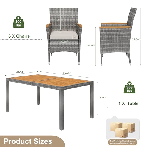 Devoko Dining 7 PCS Furniture, Patio Conversation Set with Acacia Wood Table Top, Outdoor, Beige Cushion and Grey Rattan - color: Grey, style: 7 Piece Dining Set