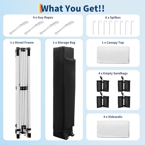 GarveeLife 10x10 Pop Up Canopy with 4Pcs Sidewalls Easy Up Camping Tent Outdoor Canopy with One Button Push Setup 1 Roller Bag 3 Adjustable Height 4 Weight Bags (White) - color: White
