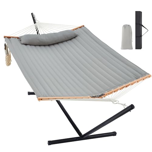 Homgava Two Person Hammock with Stand for Outside Heavy Duty, Outdoor Patio Hammock with Portable Steel Stand, Large Double Hammocks,480lbs Capacity.(Middle Grey) - color: Middle Grey