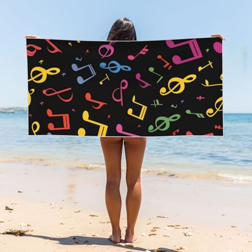Music Notes Beach Towel 55x28 Inches Oversized Quick Dry Absorbent for Pool Yoga, Colorful Art Sand Towel Summer Vacation Gifts for Adults - color: White