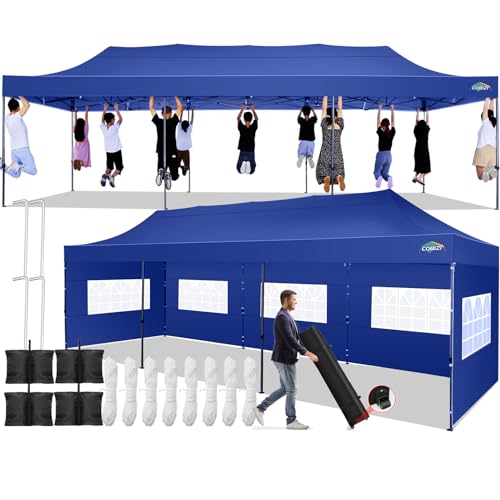 COBIZI 10x30 Pop up Canopy Tent 10x30 Canopy with 8 Sidewalls Waterproof Heavy Duty Commercial Canopy Tent for Parties Outdoor Garden Gazebo, Carry Bag with Wheel(10x30ft, Dark Blue) - color: Dark Blue, size: 10X30FT 8 Sidewalls