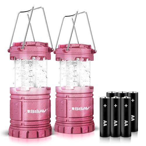 2 Pack LED Camping Lantern, LED Lanterns, Suitable Survival Kits for Hurricane, Emergency Light for Storm, Outages, Outdoor Portable Lanterns, Collapsible (Batteries Included) - color: Pink