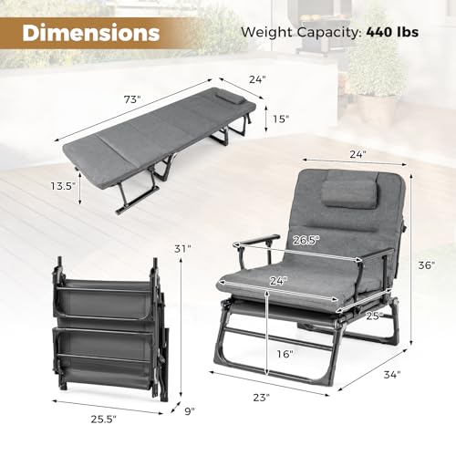 Tangkula Lounge Chair Outdoor with Cushion, 3 in 1 Convertible Outdoor Indoor Heavy Duty Folding Chaise Lounge Chair with 6-Position Adjustable Backrest & Flip-up Pillow (1,Gray)