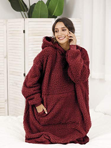 Sherpa Wearable Blanket Oversized Hoodie Sweatshirt TV Blanket with Long Sleeves and Pocket -WineRed - color: Winered