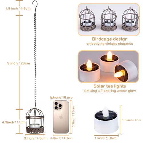 Solar-Hanging-Lanterns-Outdoor-Waterproof, Rust Birdcage Style Candle Holders with Flickering Solar Tea Lights for Backyard Patio Garden Fence Tree Decoration (3)