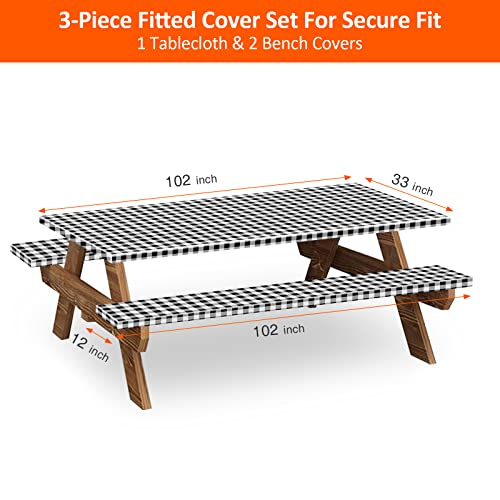 8.5ft Picnic Table and Bench Cover, Camping Essentials RV Gear, 102 in Waterproof Windproof Outdoor Elastic All Around Tablecloth, Fitted Rectangle Tables and Seats, Black-White Checkered - color: Black-white Checkered, size: 102"
