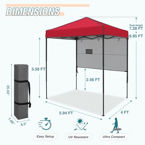 EAGLE PEAK 6x4 Instant Pop Up Canopy Tent with 1 Half Wall Panel, Straight Leg Sun Shelter, Portable Canopy with Carry Bag for Camping, Beach & Sports, Red - color: Red, size: Half Wall