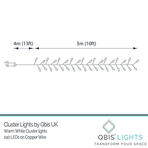 QBIS 240 LED Christmas Cluster Lights, 10ft Warm White Fairy Lights on Copper Wire, Plug in, Christmas Tree Lighting, Firecracker Light String Indoor Outdoor use, Window, Fireplace, Stair Decoration - size: 240 LED - Copper Wire - Mains Plug