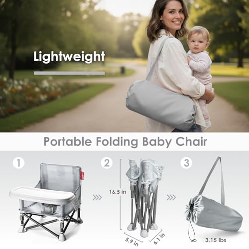 Tiny Marvels Portable Booster Seat, Foldable Baby High Chair with Removable Tray, Safety Harness & Carry Bag – for Toddlers Ages 6M-3Y, Ideal for Dining, Travel, Camping & Family Time - color: Grey