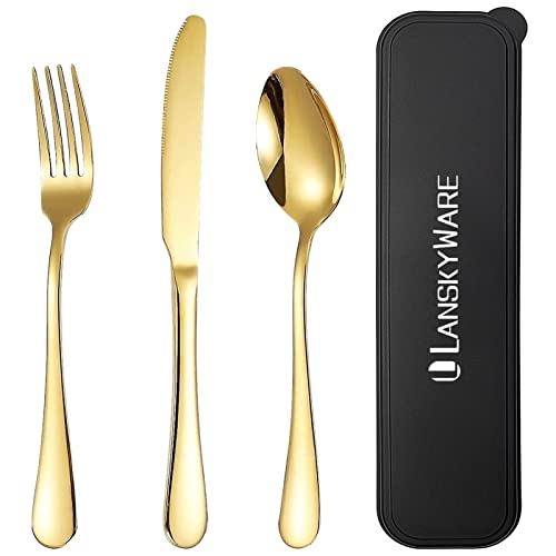 Portable Utensils Set with Case,Reusable Office Flatware Set,Healthy Travel Cutlery Set 3 PCs Stainless Steel Fork, Spoon,Knife Cutlery Ideal for Travel, Lunch Box and Camping (Gold-3PCs) - color: Gold - 3 PCs