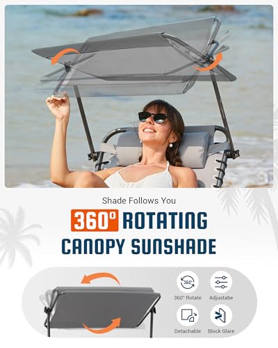 KingCamp Lounge Chair with face Hole & Canopy Shade, 400LBS Folding Portable Tanning Chair with face Hole, Adjustable 5-Position Foldable Beach Sun Tanning Chair for Outside Beach Patio Outdoor Pool - color: C*skyshade Canopy——grey Canopy, style: 400lbs&P