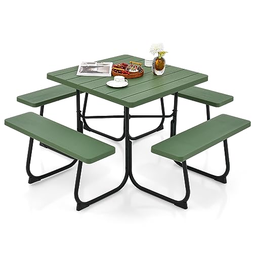 Giantex Picnic Table Set for 8 Persons, Outdoor Table and Bench with Umbrella Hole, HDPE Top & Metal Frame, 500LBS Capacity, Square Patio Table Bench for Deck Backyard Garden (Green) - color: Green, size: Square-35"x35"x30"