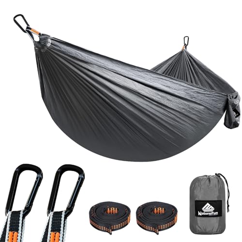 NATUREFUN Ultra-Light Travel Camping Hammock | 300kg Load Capacity,Breathable,Quick-Drying | 2 x Premium Carabiners,2 x Nylon Slings Included | Outdoor Indoor Garden - color: Grey, size: 275x140cm