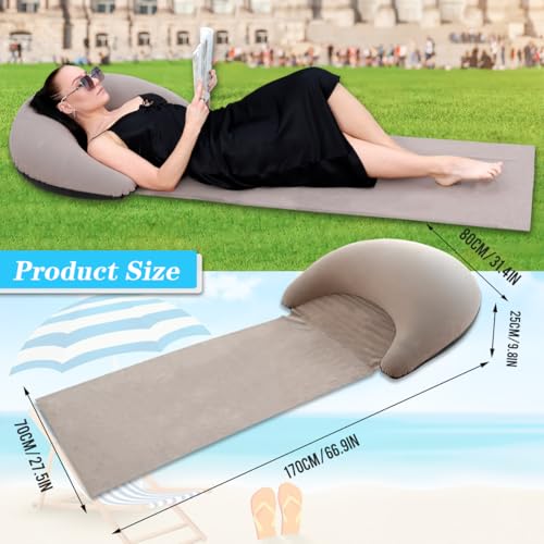 Inflatable Beach Mat Lounge Chair, Outdoor Sunbathing Sleeping Pad with Inflatable Pillow, Portable Flocking Beach Lounge Chair, Suitable for Lawn, Outdoor Camping, Travel, Beach Vacation (Khaki) - color: Khaki