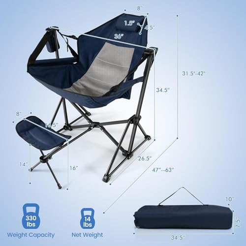 HAPPYGRILL 2-Pack Hammock Camping Chair, Outdoor Folding Swinging Chair with Retractable Footrest, Head Pillow, Carrying Bag Included, Portable Lightweight Rocking Chair for Camping Fishing Picnic - color: Navy 2 Pack