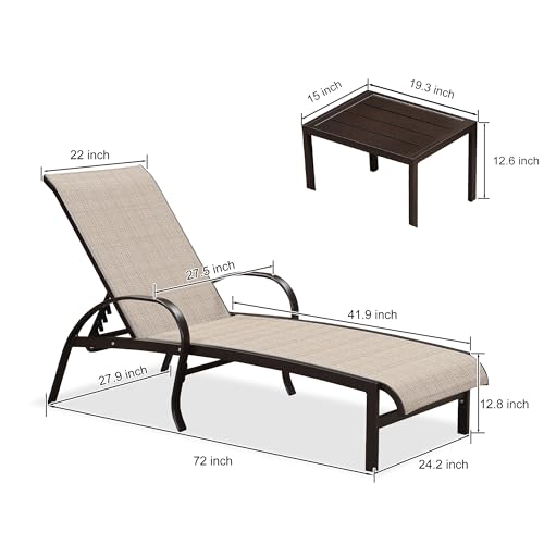 PURPLE LEAF Outdoor Chaise Lounge Chair Set of 3 Patio Pool Lounger Aluminum Chairs with Side Table Adjustable Tanning Recliner for Outside Yard Deck Lawn Garden Beach Khaki - color: Khaki, size: 2 Chairs & 1 Table
