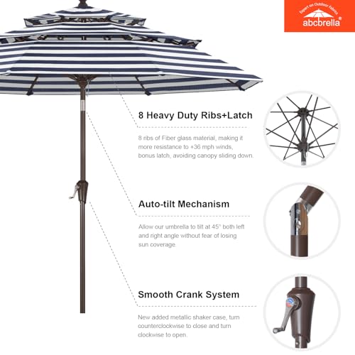 ABCCANOPY 5-Year 10-Year No Fading 9FT 3 Tiers Patio Umbrella, Outdoor Table Umbrella with 8 Sturdy Ribs for Deck, Backyard, Garden, Yard - color: Navy Stripe, size: 9FT, style: 5 Year Non Fading