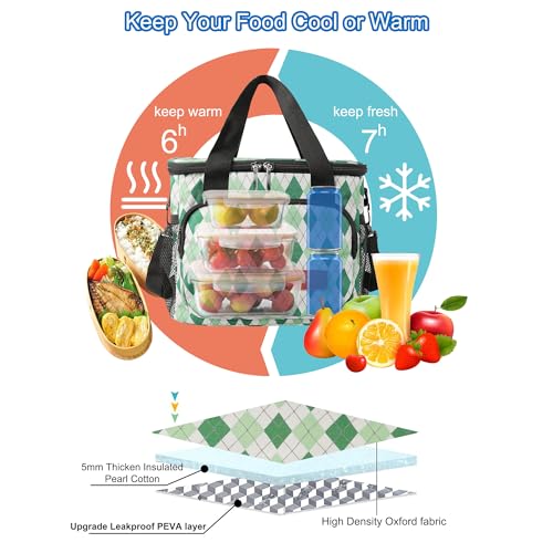 Femuar Lunch Bags for Women/Men, Insulated Lunch Bag for Work Office - Lunch Cooler Bag Leakproof Lunch Box with Adjustable Shoulder Strap - Green plaid - color: Green plaid, size: Medium Size