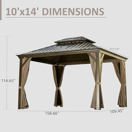 Domi 10' X 14' Hardtop Gazebo, Upgraded Metal Gazebo with Drainage System, Dual-Layer Galvanized Steel Roof, Curtain and Netting, Outdoor Shelter Canopy for Patio, Garden, and Backyard, Brown - color: Brown, size: 10'x14'/w gutter