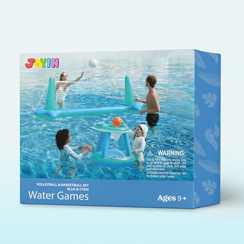 JOYIN XL Inflatable Pool Float Set, 125'' Volleyball Net & Basketball Hoops, Extra Large Floating Swimming Game Toy for Kids and Adults, Summer Floaties, Volleyball Court|Basketball, XL-Blue, Cyan - color: Blue Cyan, size: X-Large