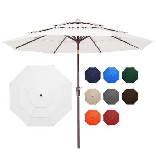 JEAREY 9FT 3 Tier Patio Umbrella Outdoor Market Umbrella Table Umbrellas with 8 Ribs 1.5 Pole Push Button Tilt and Crank UV Protection for Garden,Off-white - color: Off-white