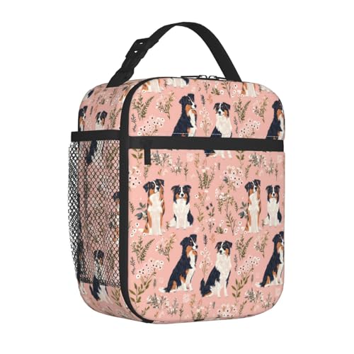 Reusable Australian Shepherd Lunch Box for Kids Girls Boys Women Adult, Insulated Cute Floral Dog Pink Lunch Bag,Polyester Cooler Handbags Case for School Picnic Work Travel Beach or Hiking - color: Australian Shepherd