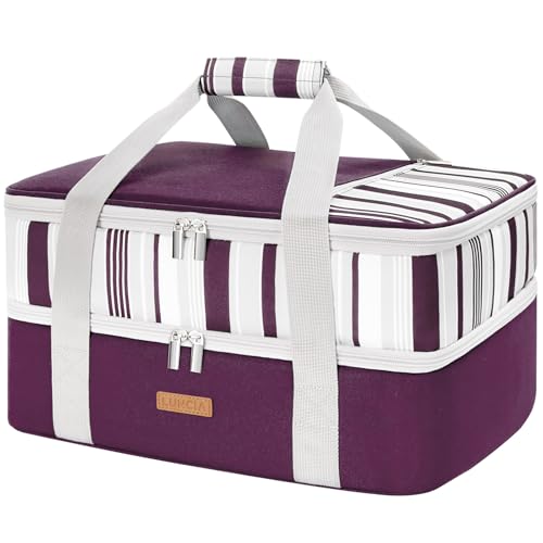 LUNCIA Insulated Double Decker Casserole Carrier, Lasagna Lugger Tote Keeps Food Hot or Cold, Thermal Lunch Bag for Potluck Parties, Picnic and Cookouts, Fits 9" x 13" Baking Dish, Purple - color: Purple, size: 15.7 X 11.4 X 8.3inch