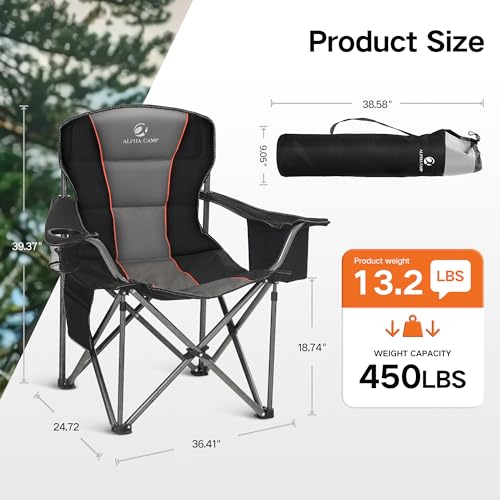 ALPHA CAMP Oversized Folding Camping Chair, Heavy Duty Portable Lawn Chairs with Cooler Bag, Side Pocket & Cup Holder, Folding Chairs for Outside Support 450 LBS - color: Black, size: Twin Pack