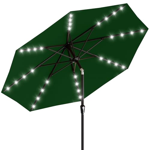 AreShark 9FT Patio Umbrella with Solar Lights, 32 Lighted Pool Umbrella w/Tilt and Crank, Outdoor Market Solar Umbrellas for Garden, Deck, Backyard, Pool and Beach, Dark Green - color: Dark Green, size: 9 Ft