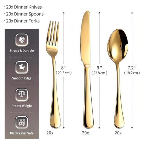 60 Piece Gold Silverware Set for 20, 18/0 Stainless Steel Heavy Forks Spoons and Knives Set, Mirror Finish Gold Flatware, Dishwasher Safe for Family Picnics Daily Gatherings - color: Gold