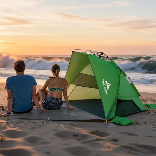 Three Bears Pop Up Beach Tent Sun Shade Shelter for 3-4 Person, UPF 50＋ UV Protection, Lightweight & Easy Setup Beach Shade Canopy, Portable Beach Shade Tent Beach Cabana (Green) - color: Green