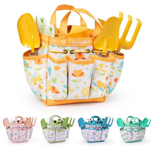 Grenebo Kids Gardening Set Toys,Includes Metal Trowel,Transplanting Shovel,Garden hat,Rake,Apron,Gloves,Watering Can,and Tool Organizer Bag (Yellow) - color: E-yellow
