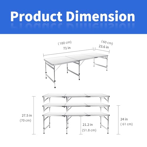 Moosinily Camping Table 6FT Folding Table Large 3 Adjustable Height Portable Picnic Table Camp Aluminum Outdoor Picnic BBQ White - color: White, size: 6FT