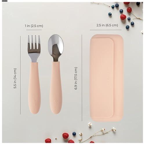 ASOMIC Premium 316 Stainless Steel Toddler Utensils with Silicone Handles & Travel Case, Kids Spoon & Fork Set for Toddler Self Feeding at Daycare, Preschool & School, BPA-Free, Dishwasher Safe - color: Blush
