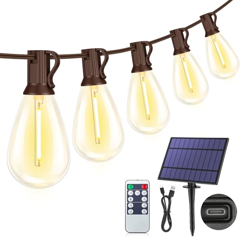 25FT Solar String Lights with Remote, 3 Lighting Mode Outdoor Waterproof Dimmable Patio Lights String with 10+1 Shatterproof S11 LED Bulbs for Backyard-Brown - color: Brown