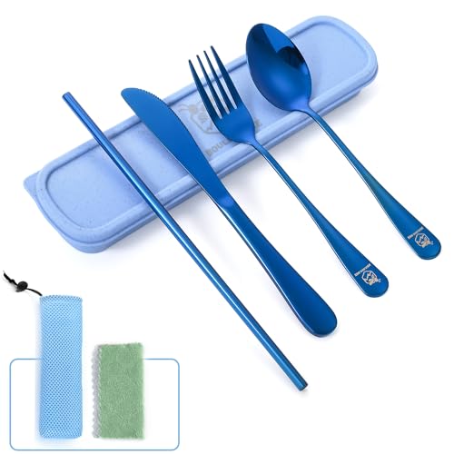 Boulder Bee | Travel Utensils Set | Reusable Camping Cutlery Set | Stainless Steel Flatware Set | Portable Silverware Set with Case | Includes Knife/Fork/Spoon/Straw/Cleaning Cloth/Case (Blue) - color: Blue