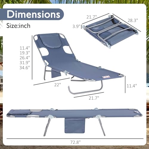 Majnesvon Folding Beach Lounge Chair with Face Hole and Arm Slots, 5-Level Adjustable Sun Lounger Tanning Chair with Pillow for Patio, Garden, Beach, Pool(Gray 2) - color: Gray 2
