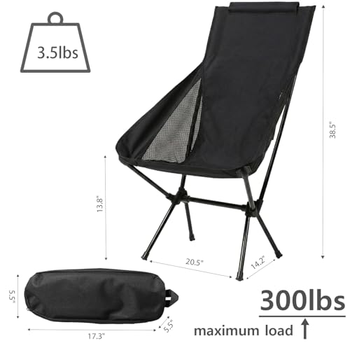 Wind Tour Portable Camping Chair Lightweight Foldable Outdoor Chair for Hiking Camp Backpacking Lawn Beach Fishing Picnic with Carry Bag (High-Back | Black) - color: High-back | Black