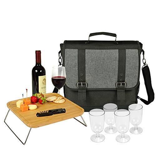 Picnic at Ascot Insulated Wine & Cheese Set for 4 with Glasses, Bamboo Table & Corkscrew- Designed & Quality Checked in The USA