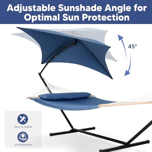 SUNCREAT Hammocks for Outside with Stand, Sunshade, Porch Hammock and Stand, 475 lbs Capacity, Patent Pending, Navy - color: Navy