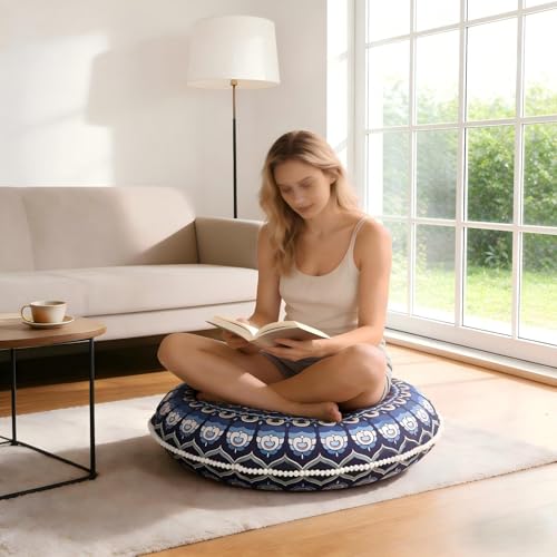 LOVMOC 32 Inch Round Floor Pillow for Adults Set of 2, Large Thick Memory Foam Boho Mandala Meditation Floor Seating Cushion, Machine Washable for Living Room Outdoor Yoga Floor Sitting, Navy Blue - color: Navy Blue, size: 2 Count (Pack of 1)