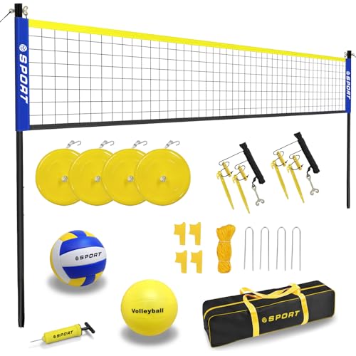 Beach Volleyball Net System with 4 Sand Anchors.Easy Setup Adjustable Height Poles with 2 Volleyball Ball,Pump,Boundary Line，Carry Bag.Volleyball Net for Backyard,Grass and Lawn - size: 20.1FT