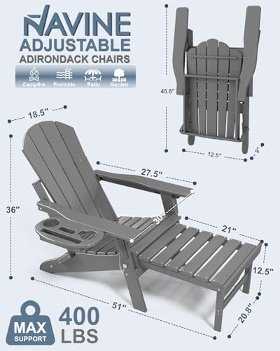 NAVINE Adjustable Adirondack Chair with Retractable Ottoman Set of 2, HDPE Folding Adirondack Chair with Cup Holder, All Weather Fire Pit Chair for Outdoor. - color: Dark Grey, size: 2 pcs