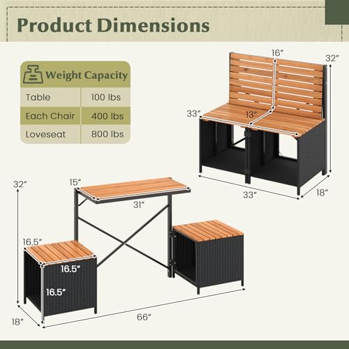 Tangkula 2-in-1 Outdoor Convertible Bench, Transforming Interchangeable Picnic Table Garden Loveseat with Metal Frame, PE Rattan Acacia Wood Foldable Table and Chairs Set for Porch, Backyard & Deck - color: Black, size: 66"