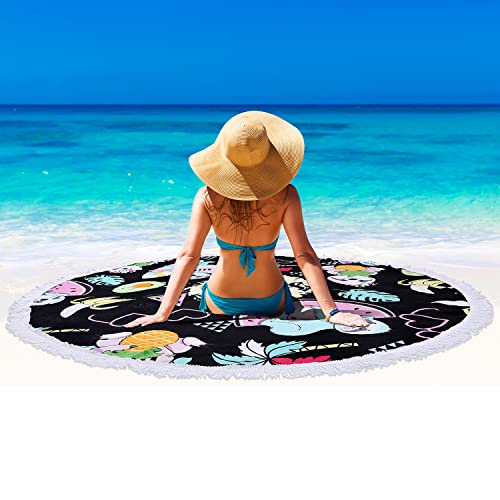 Benefeet Sox Beach Towel Large Round Mandala Pool Towels Tassels Microfiber Quick Dry Beach Blanket Throw Bohemian Roundie Swim Pool Circle Towel, 59 Inches - color: Cute Sloth, Tropial Fruits, Hawaiian Palm Tree